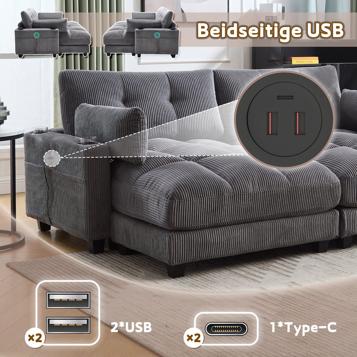 Seitenansicht des teilbaren Cord Loungesofas