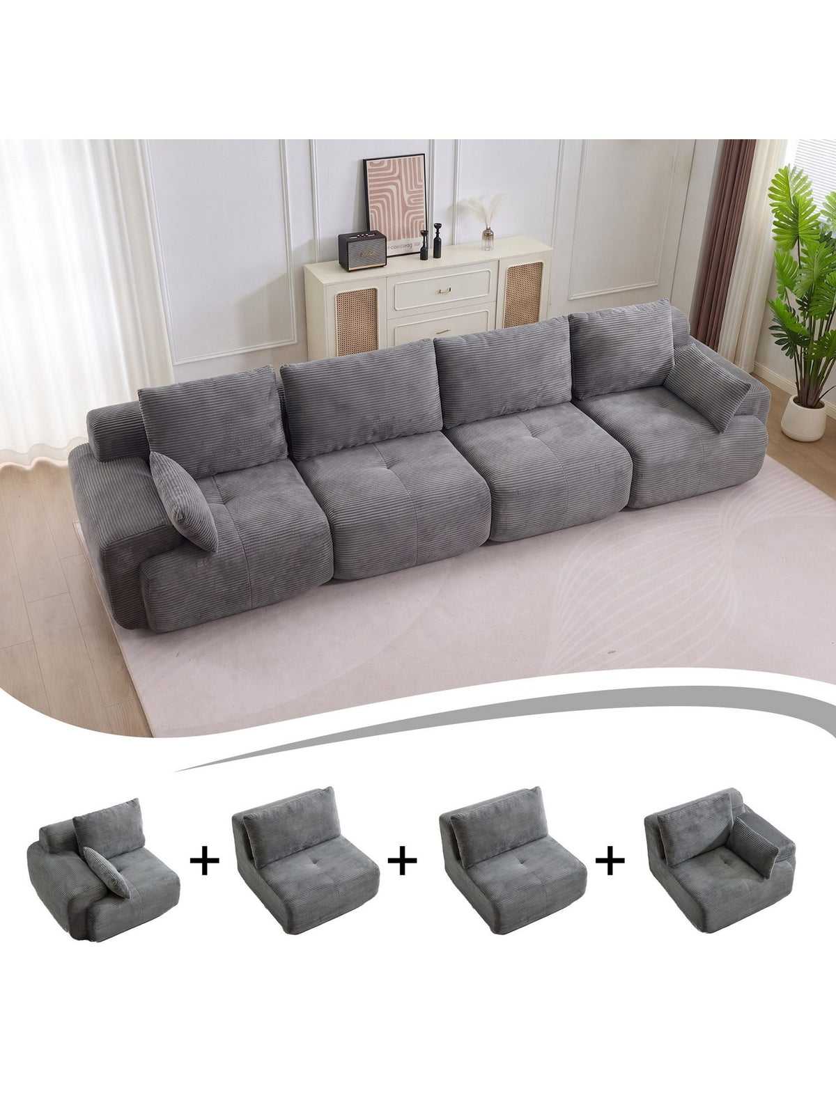 Modulares Cord Sofa 394 cm in Grau Ansicht 2