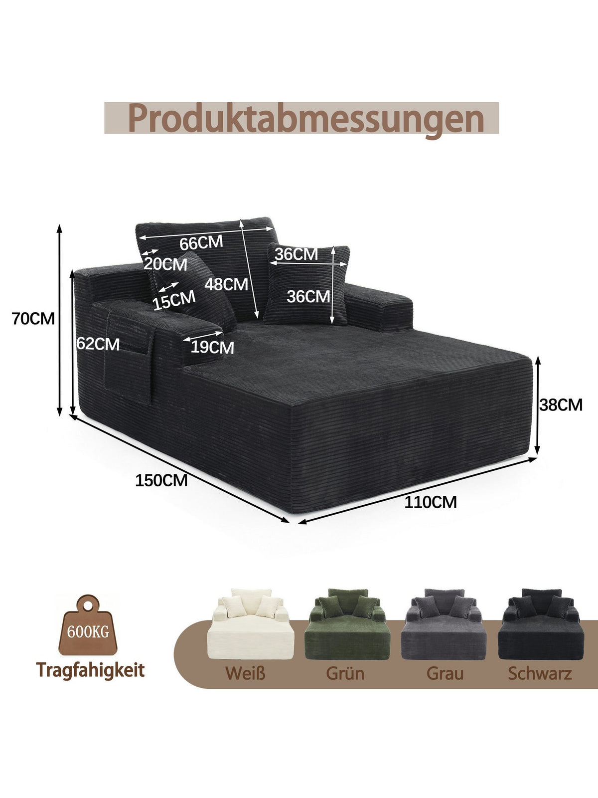 Cord Sofa CELYA in Schwarz von vorne