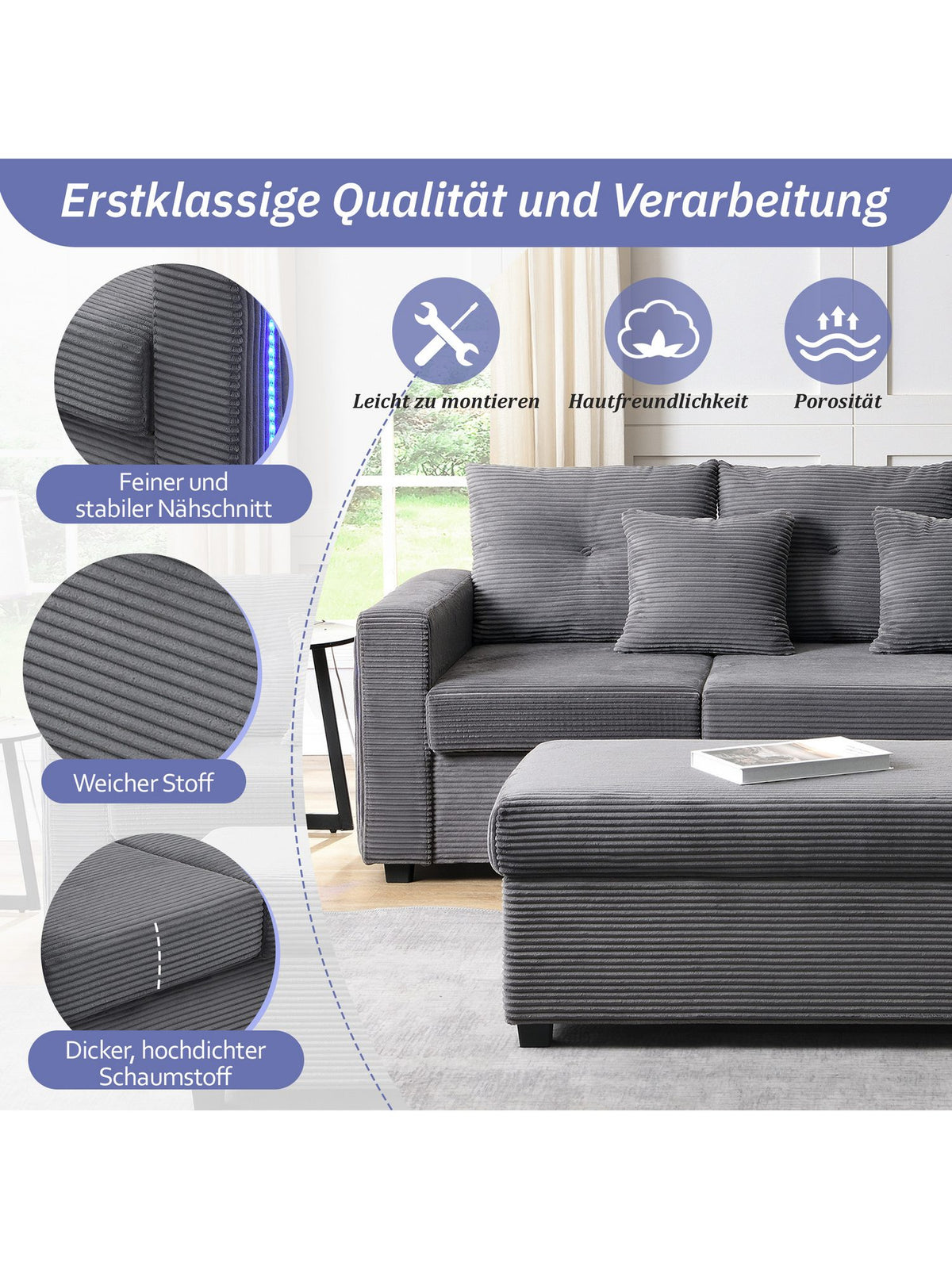Detailansicht des grauen Cordstoffs am Ecksofa MERAX