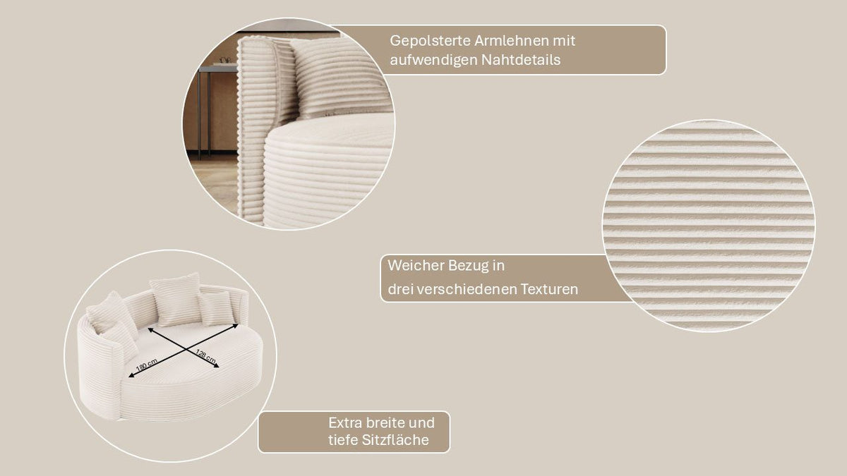 Cord Loungesofa ISALIE in Elfenbein Gesamtansicht