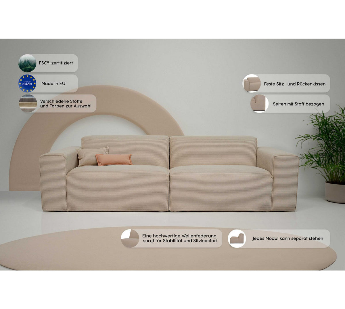 Breite Armlehnen des Cord Sofas CLAYTON