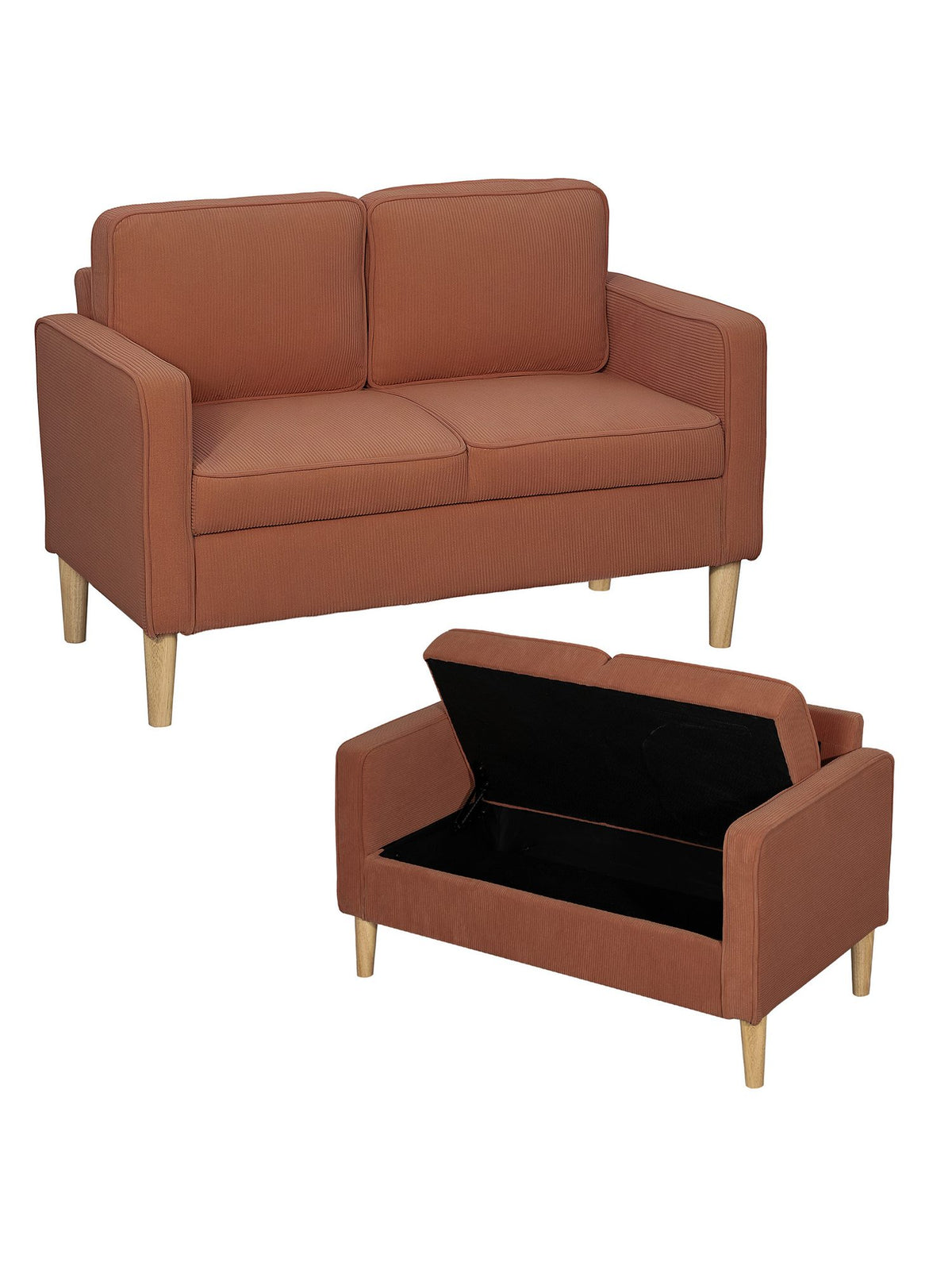 Cord Sofa LOVESEAT in Orange von vorne