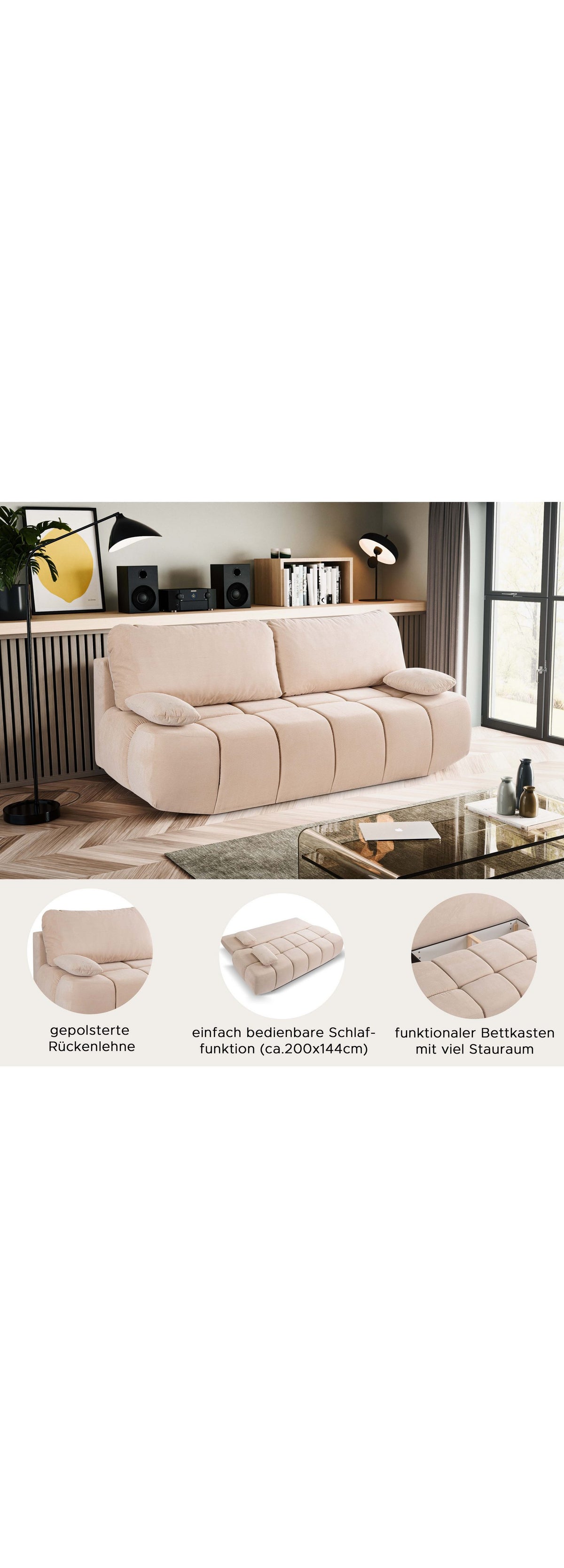 Geöffneter Bettkasten des Schlafsofas LAUNO