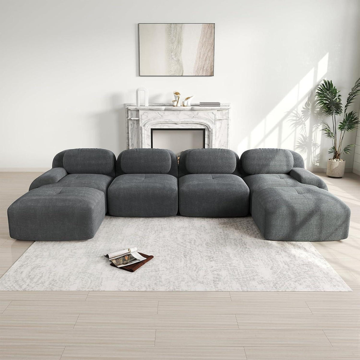 Cord Sofa in Grau in U-Form von vorne
