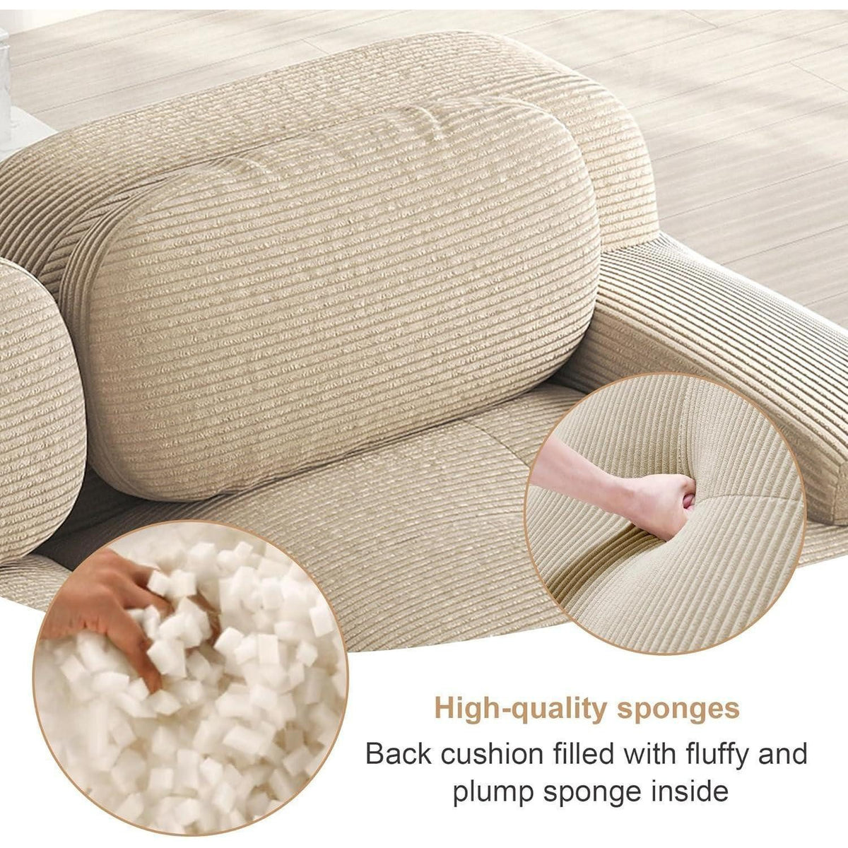 Premium-Cordstoff der Wohnlandschaft in Beige aus der Nähe
