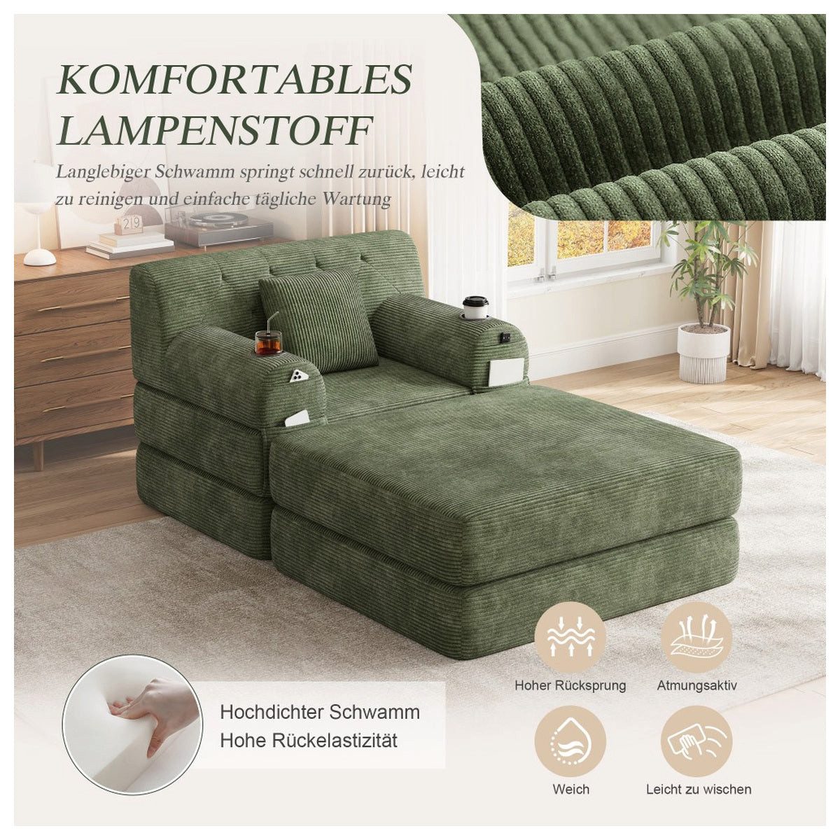Detail der Polsterung des grünen Cord Sofas