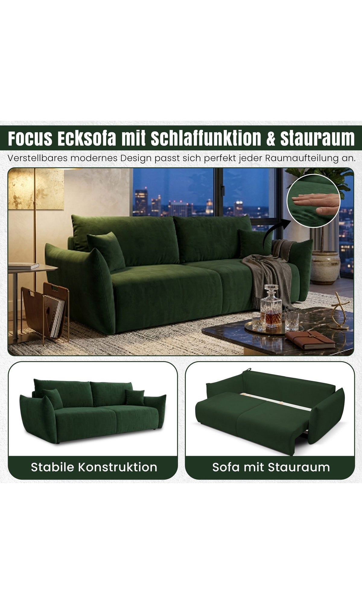 Cord Schlafsofa ALLORA mit ausgeklappter Liegefläche