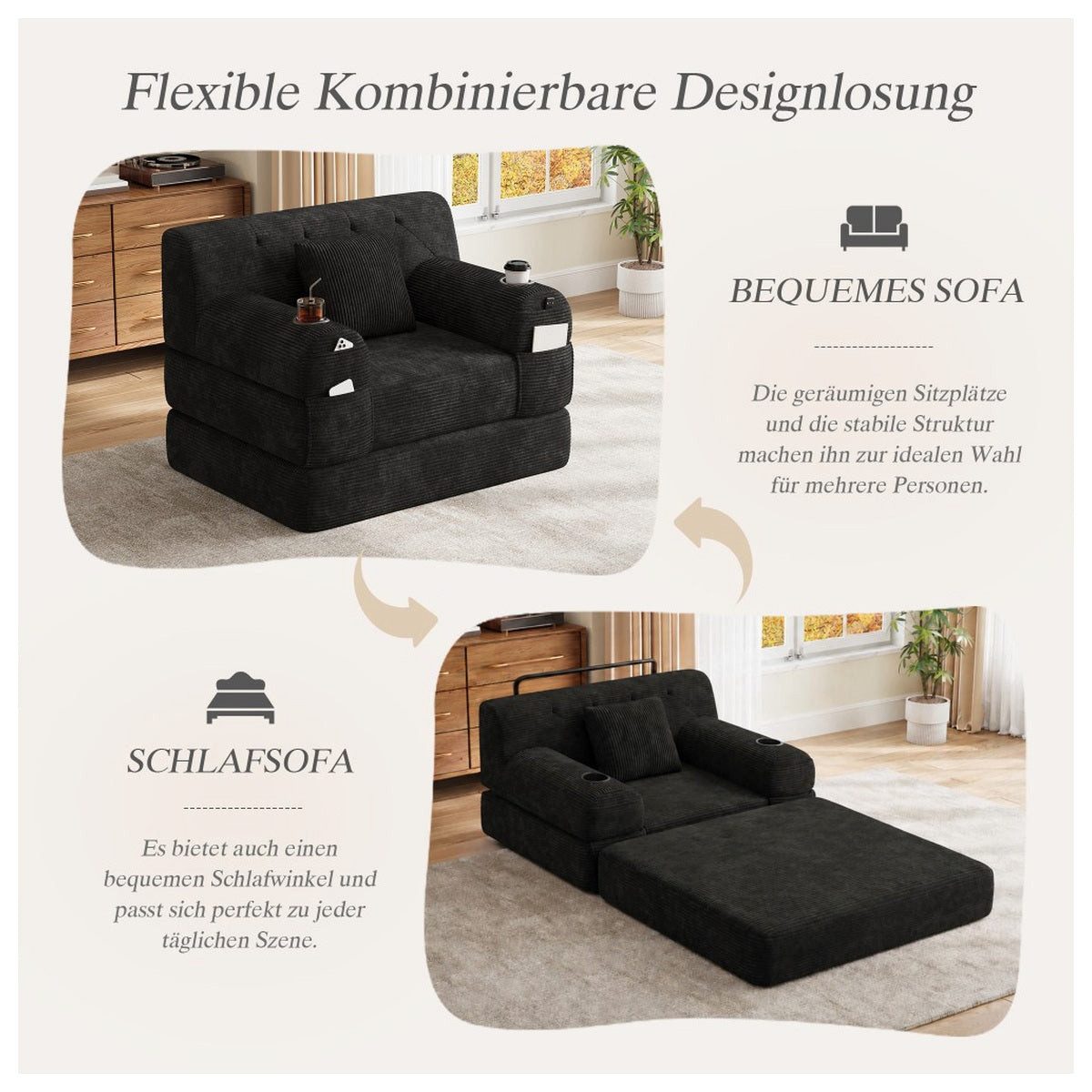 Seitenansicht des Cord Schlafsofas in Schwarz