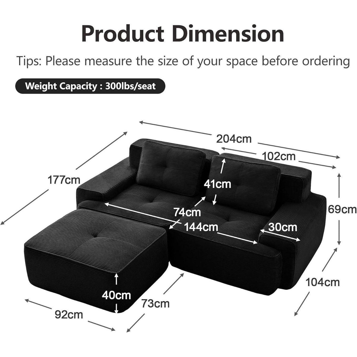 Schwarzes Cord Sofa als 2-Sitzer von vorne