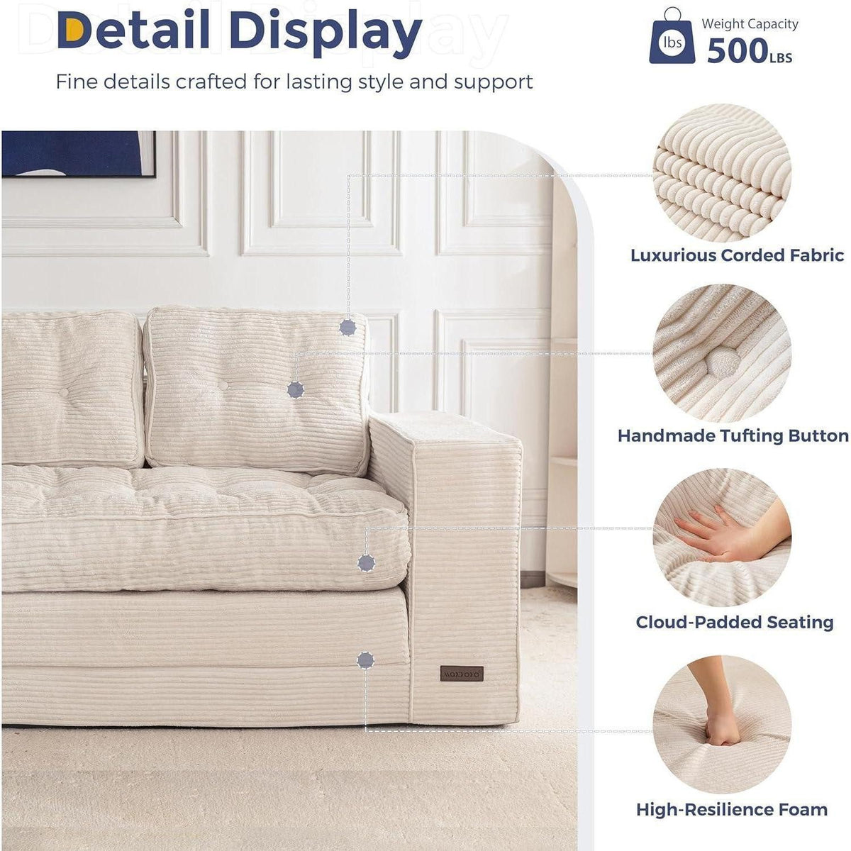 Gesteppte Oberfläche des Cord Bodensofas in Off-white