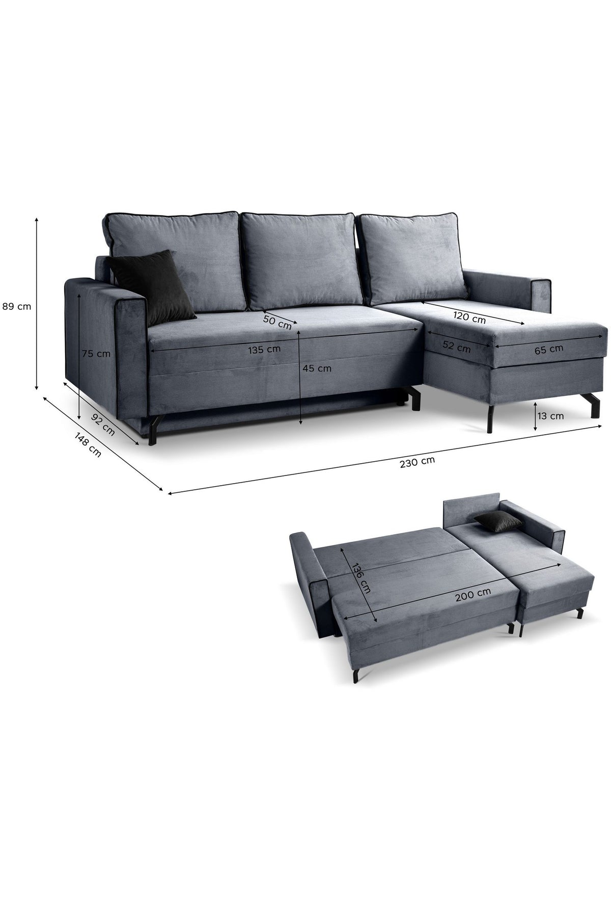 Detailaufnahme des blau-grauen Cordstoffs