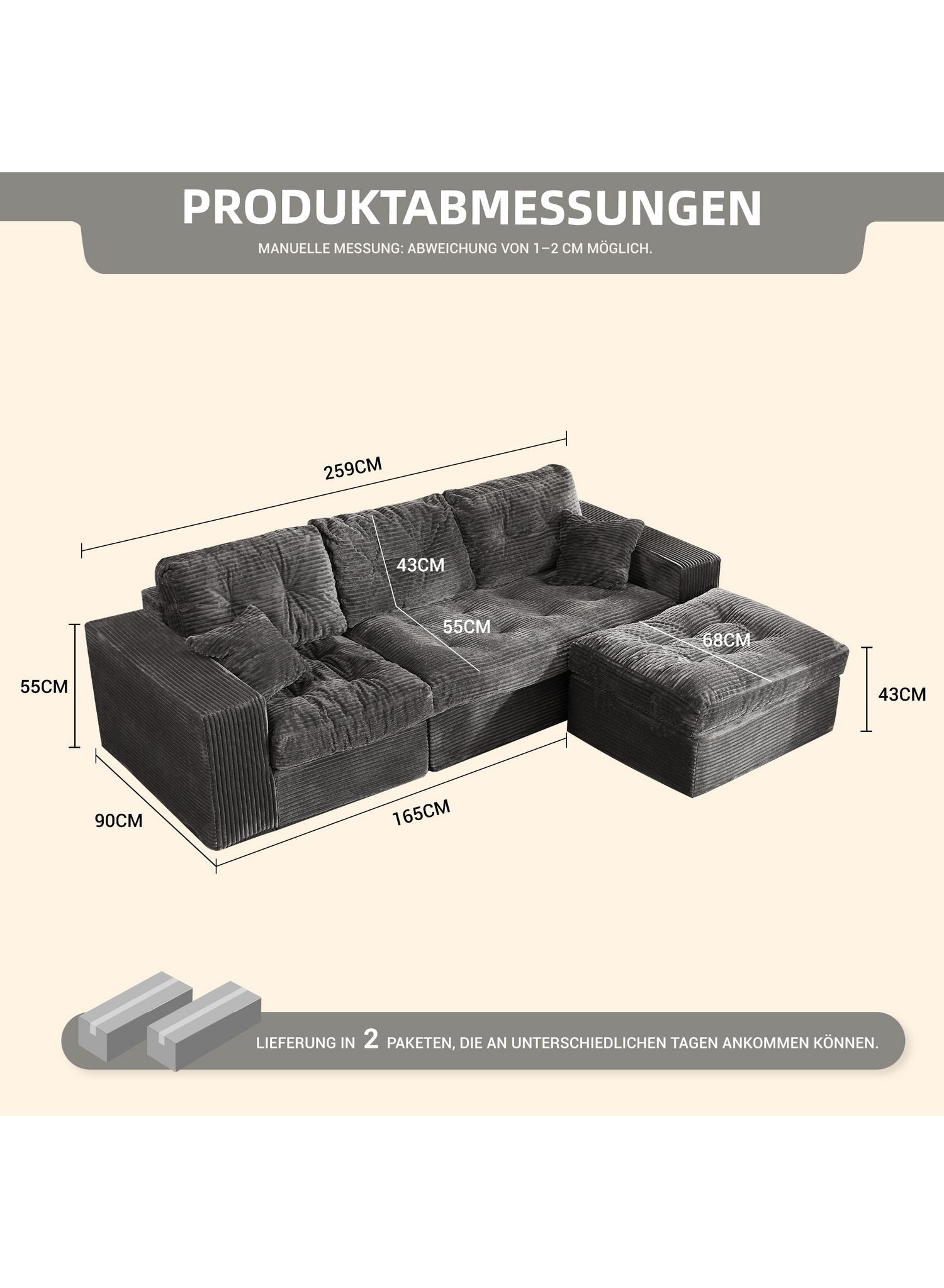 Modulares Cord Ecksofa in Grau von vorne