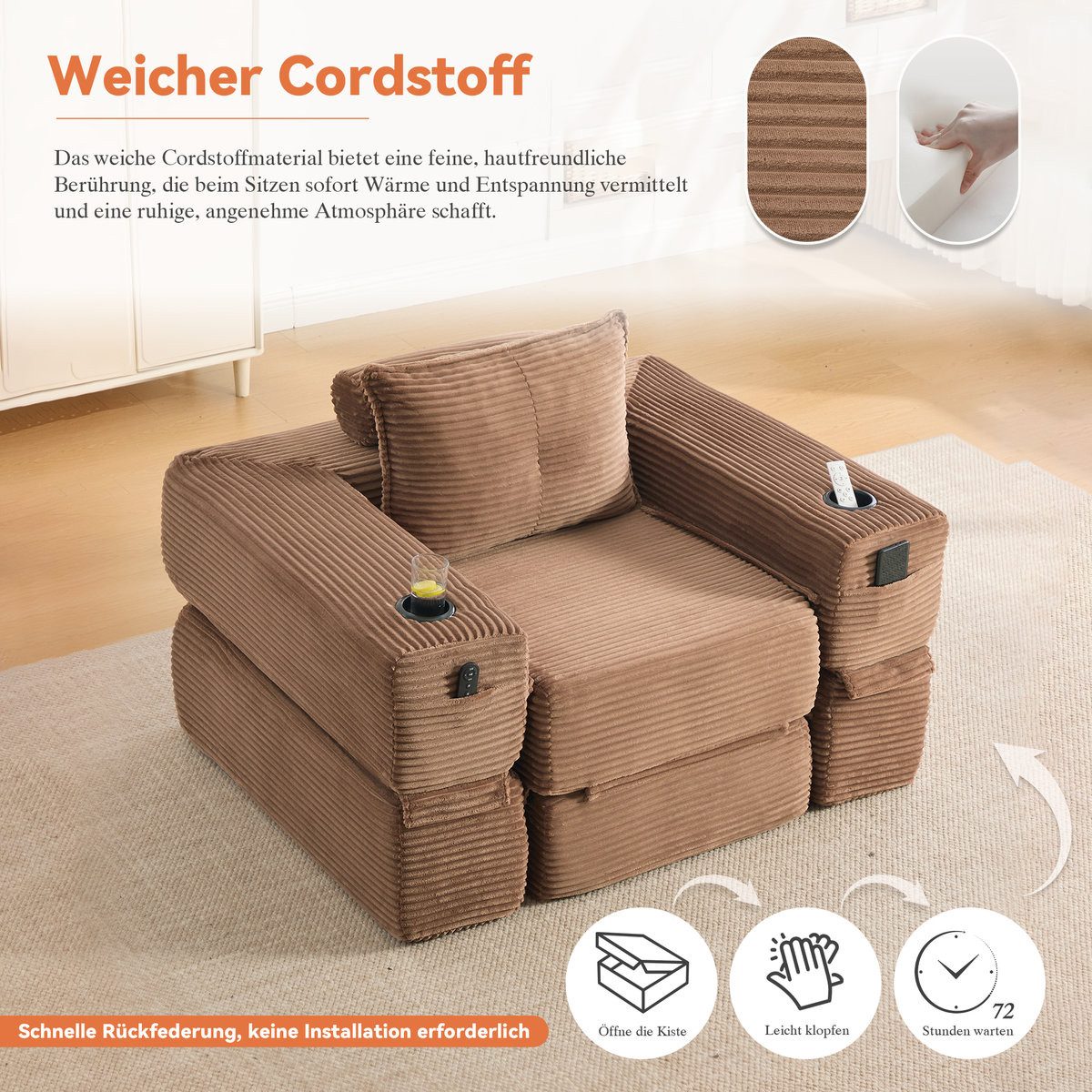 Abnehmbare Armlehne des Cord Klappsofas mit Reißverschluss