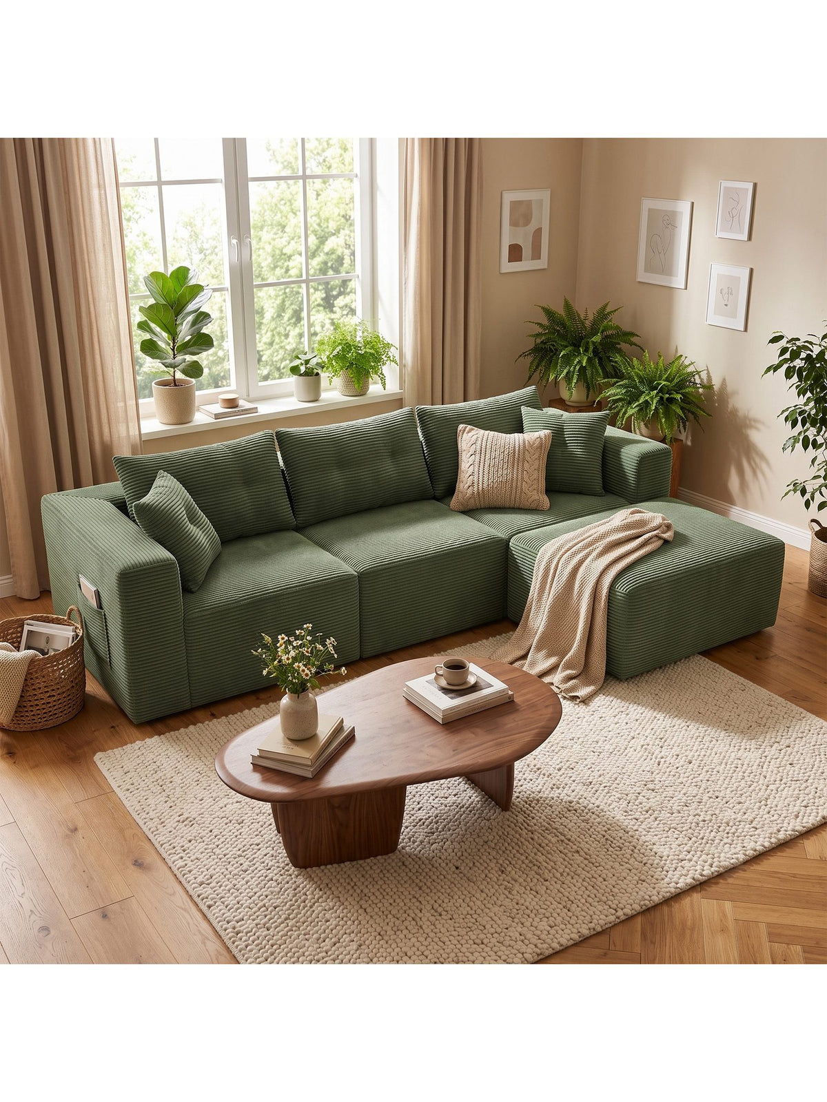 Modulares Cord Ecksofa in Grün in L-Form aufgestellt