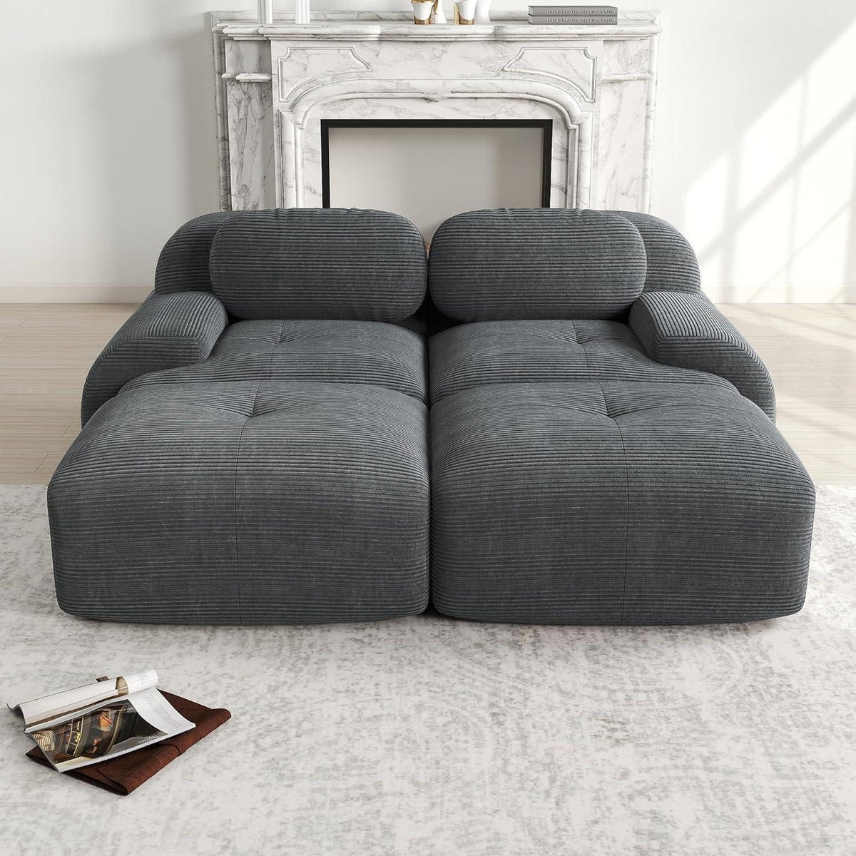 Seitenansicht des modularen Cord Ecksofas in Grau