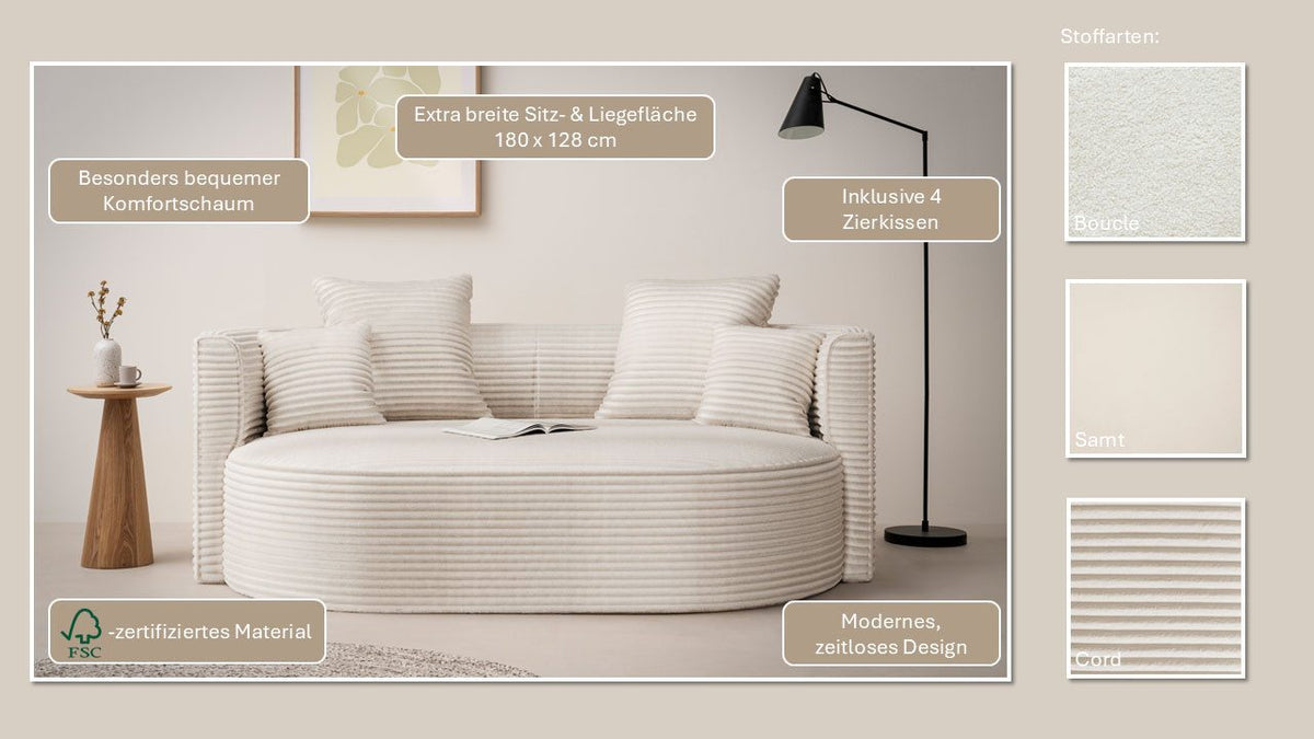 Cord Loungesofa ISALIE in Elfenbein Seitenansicht