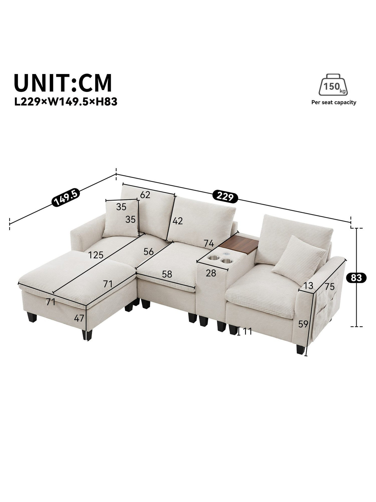 Maßangaben des Cord Ecksofas mit 229 x 149 5 cm