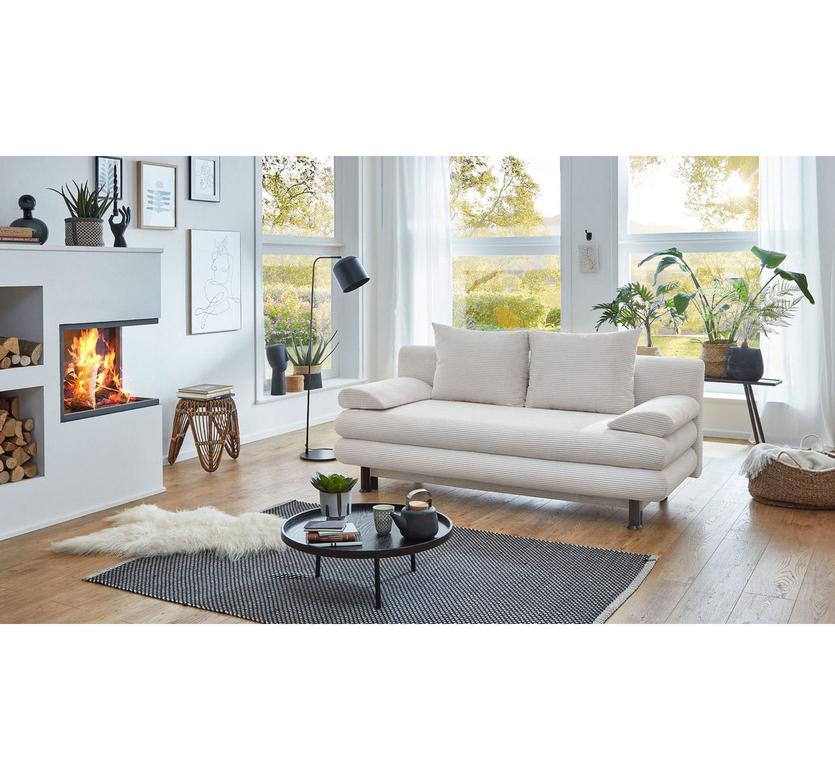 Beiges Cord Schlafsofa AVENDA von der Seite