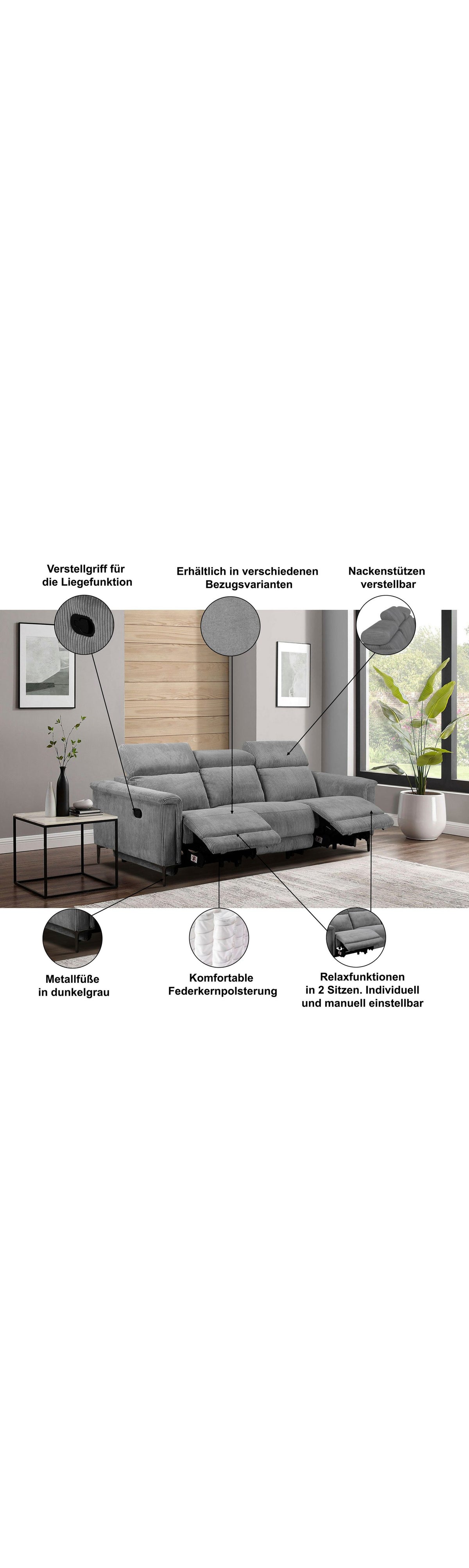 Seitenansicht des grauen Breitcord Sofas LUND
