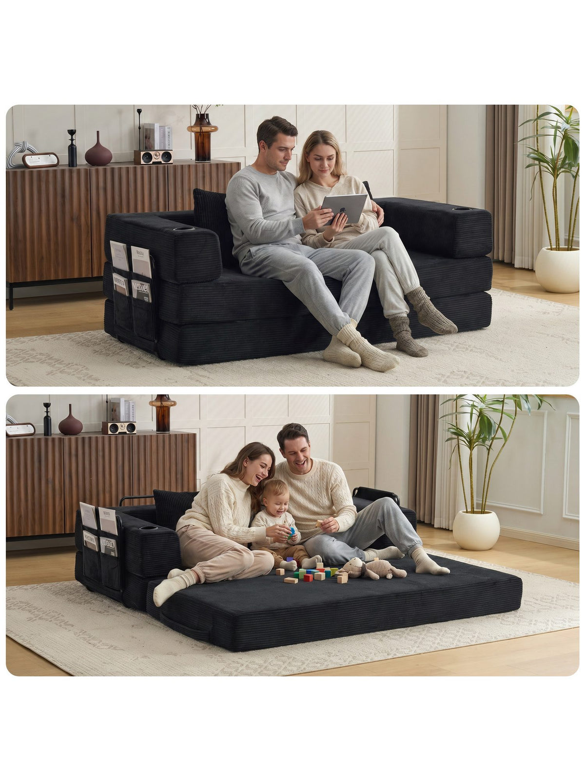Seitentasche des Cord Schlafsofas für Fernbedienung und Handy