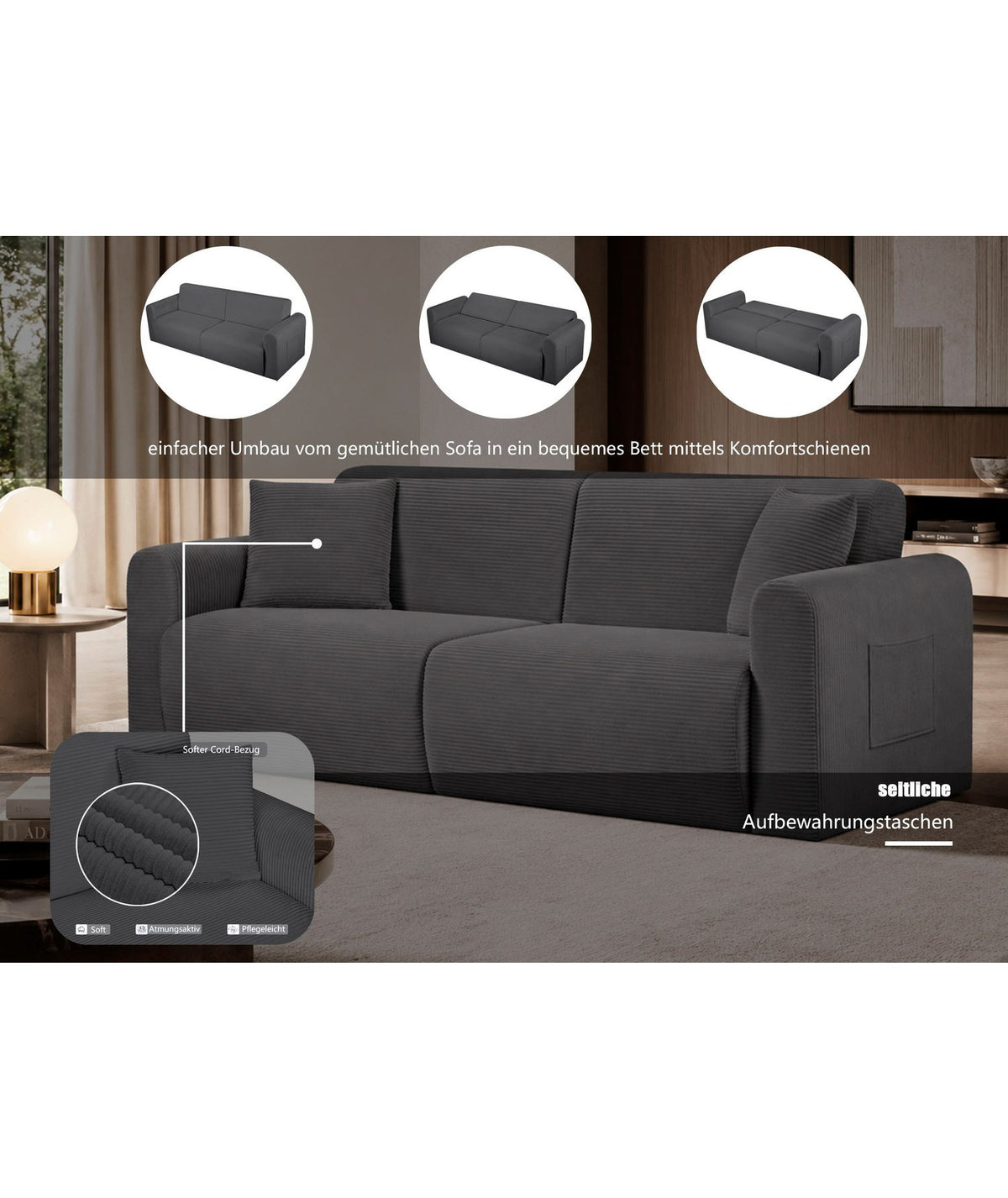 Seitliche Tasche am Cord Schlafsofa JONAA