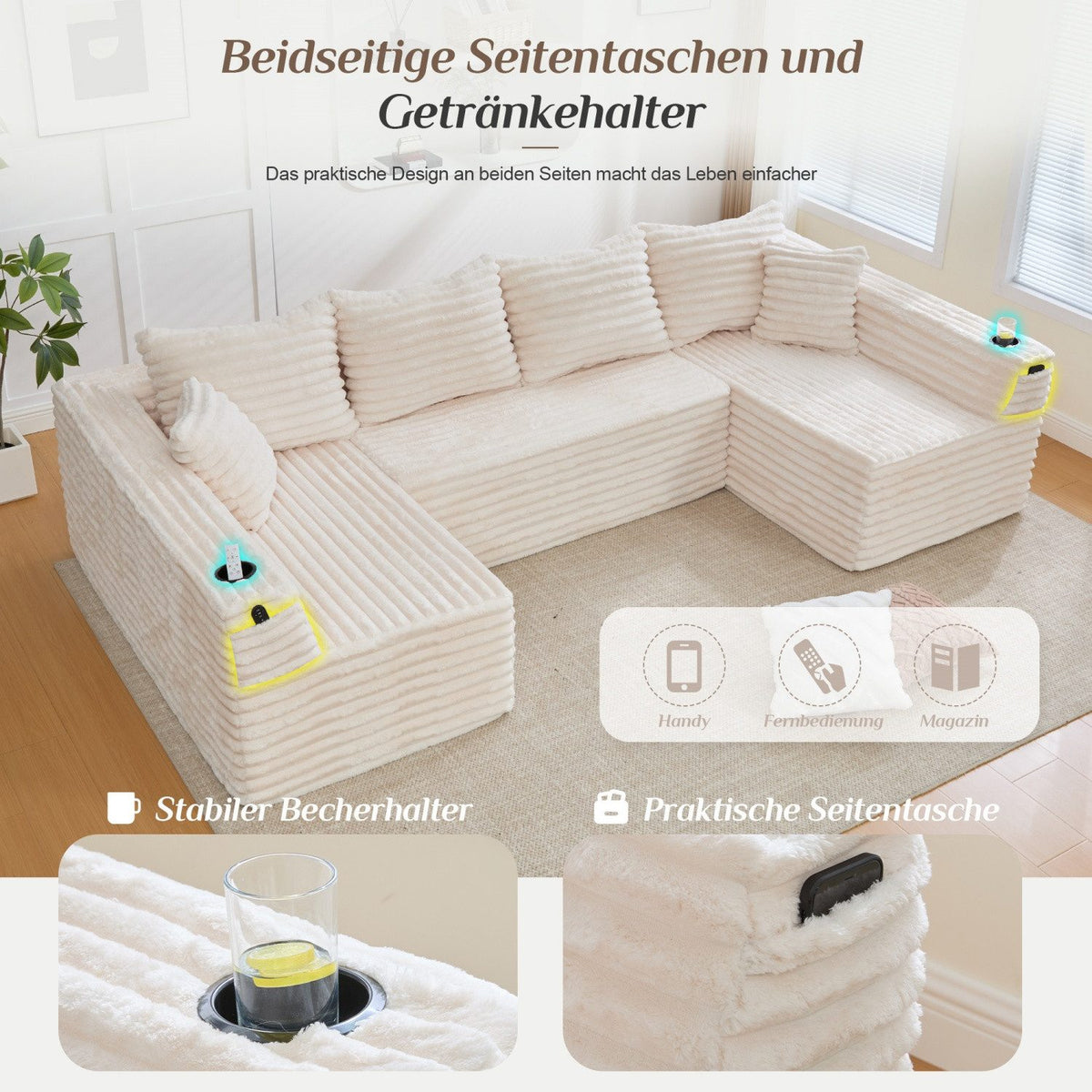 Seitentasche der Armlehne für Fernbedienung und Handy