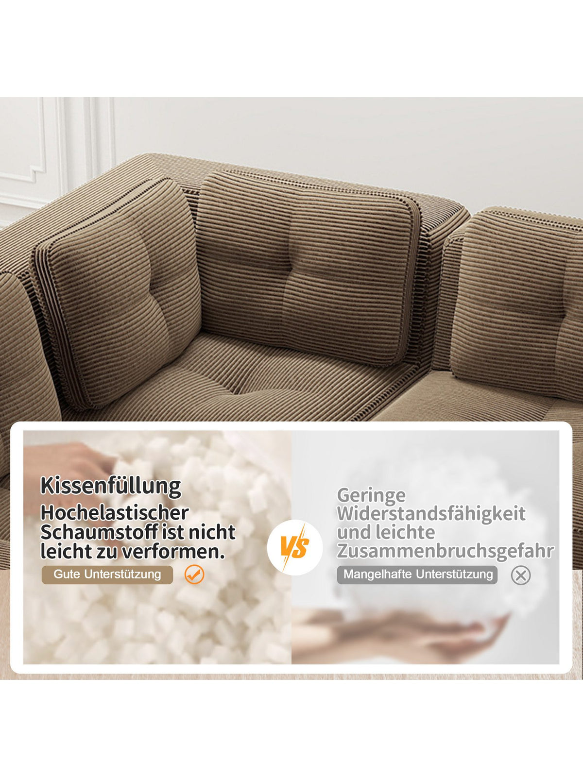 Cord Ecksofa in Braun mit tiefer Sitzfläche und weichen Kissen