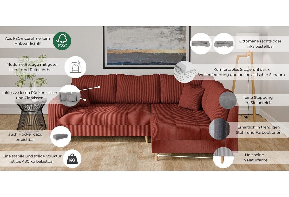 Lose Rückenkissen des Cord Ecksofas CHARRE