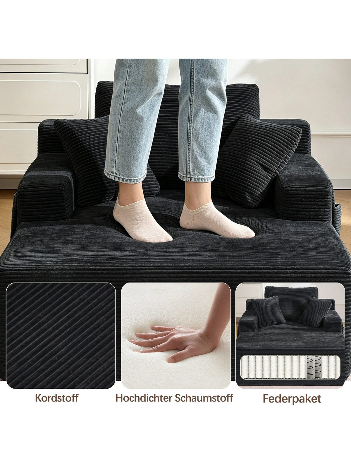 Cord Sofa CELYA mit Rueckenkissen und Zierkissen
