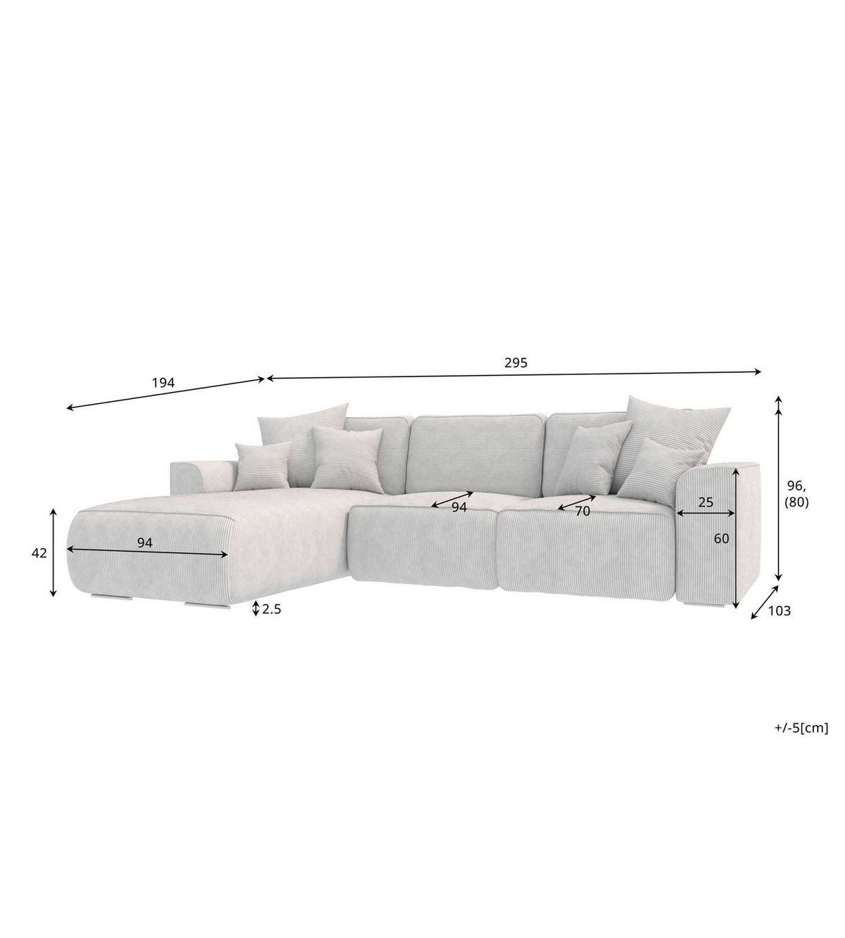 Maßangaben des Cord Ecksofas GUSTO in der Übersicht