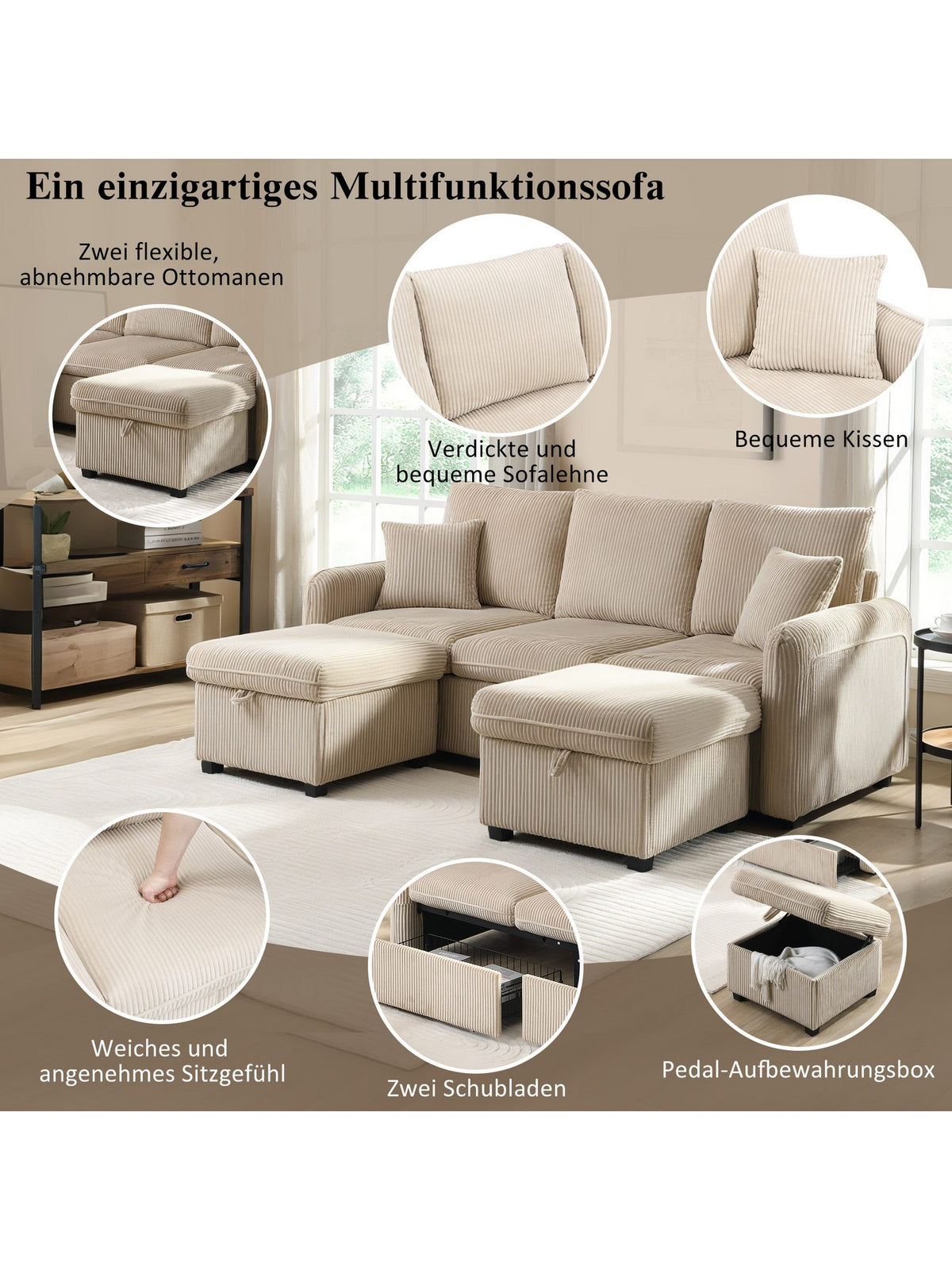 Detailaufnahme des beigen Cord Bezugs