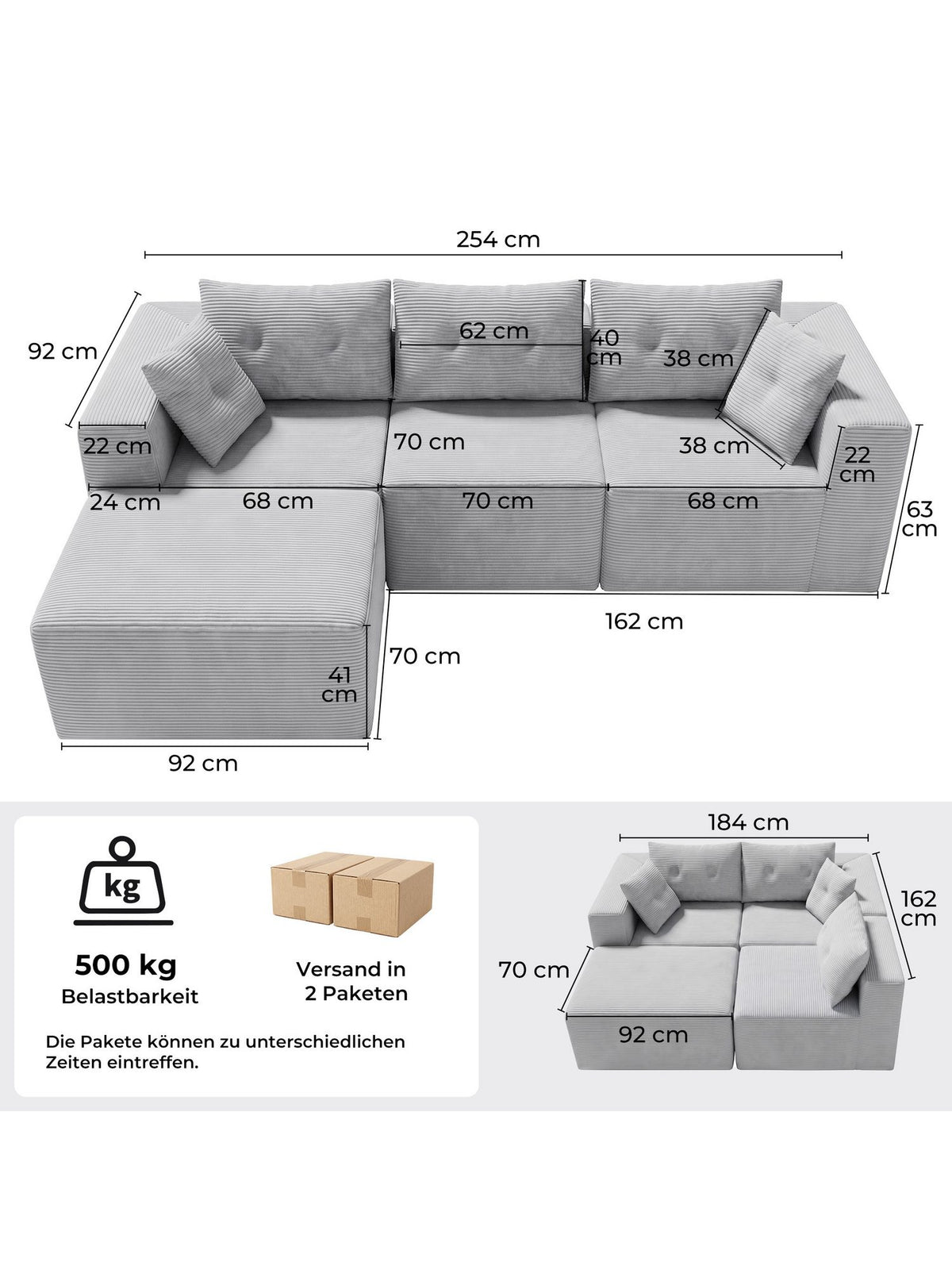 Modulares Cord Ecksofa in L-Form aufgestellt