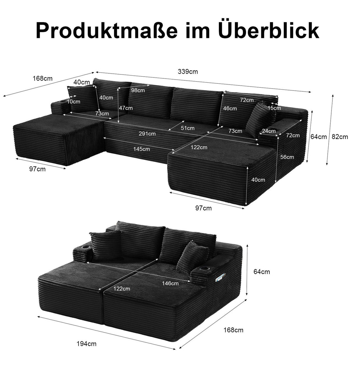 Modulare Cord Wohnlandschaft ANYSUN in Schwarz im Wohnzimmer