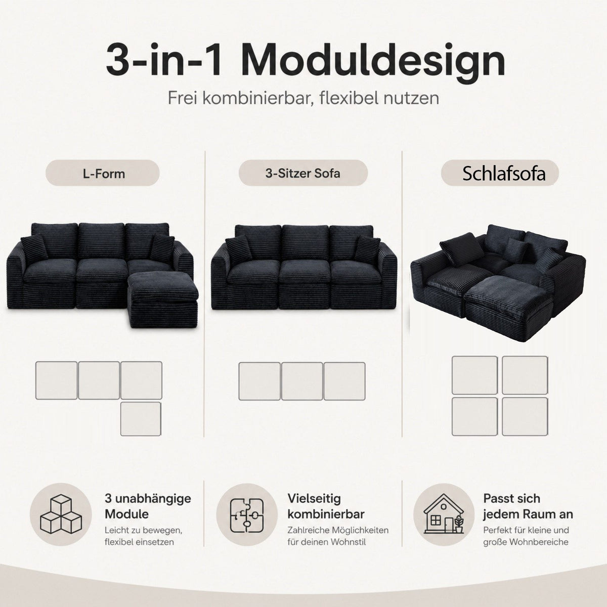 Cord Ecksofa ANYSUN im Wohnzimmer aufgestellt