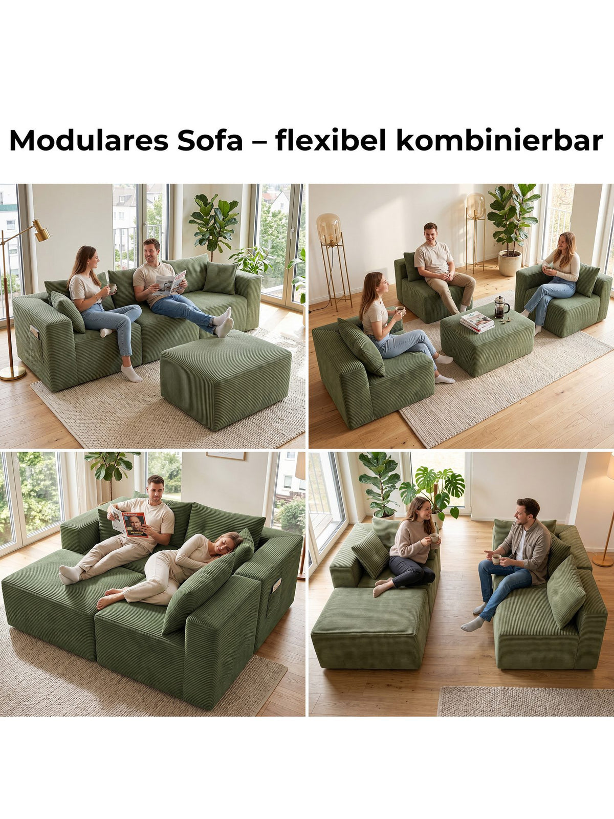 Die vier Module des grünen Cord Modulsofas einzeln