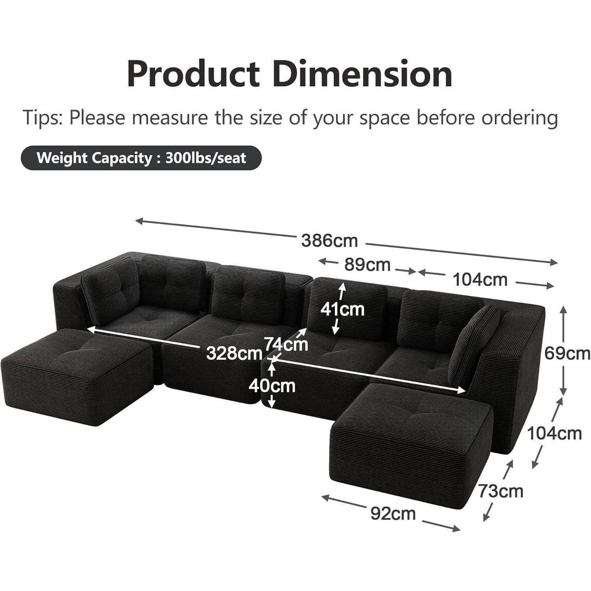 Schwarzes Cord Ecksofa mit sechs Modulen im Wohnzimmer