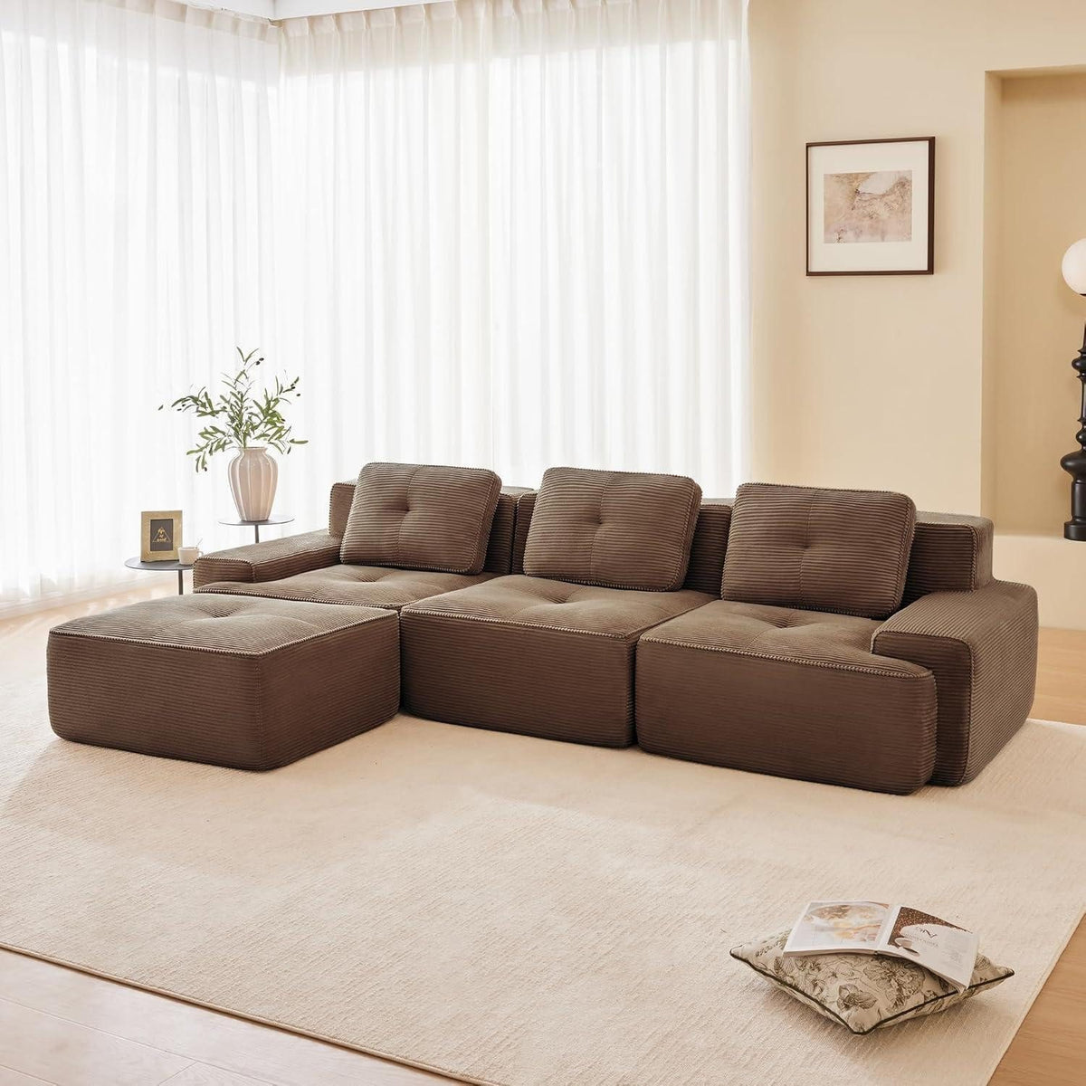 Modulares Cord Ecksofa in Braun als L-Form angeordnet