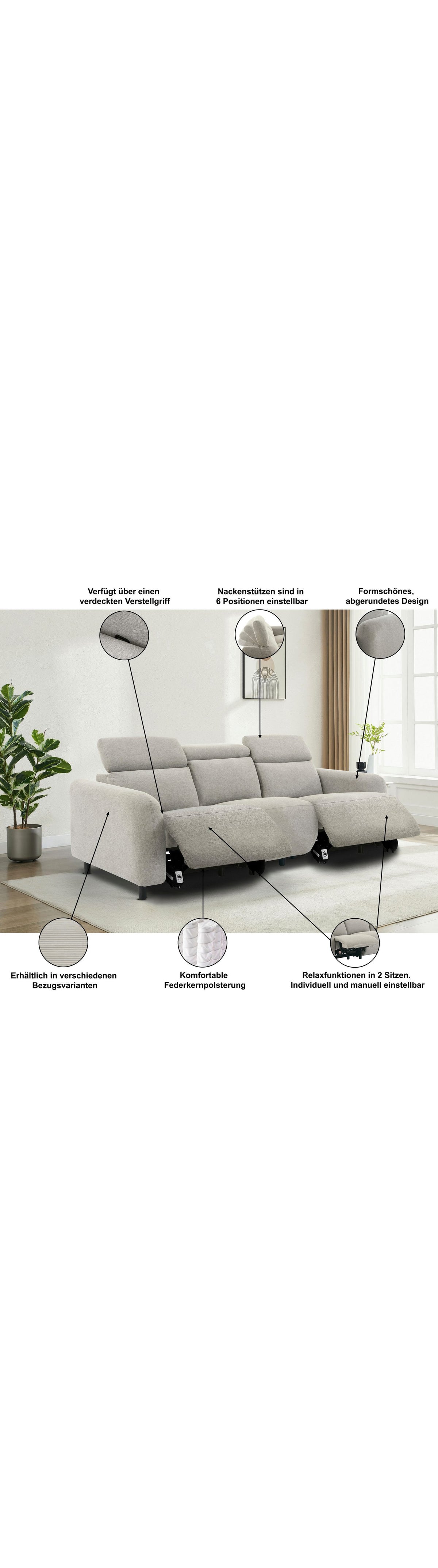 Cord Sofa SKAANE in Relaxposition mit ausgefahrener Fußstütze