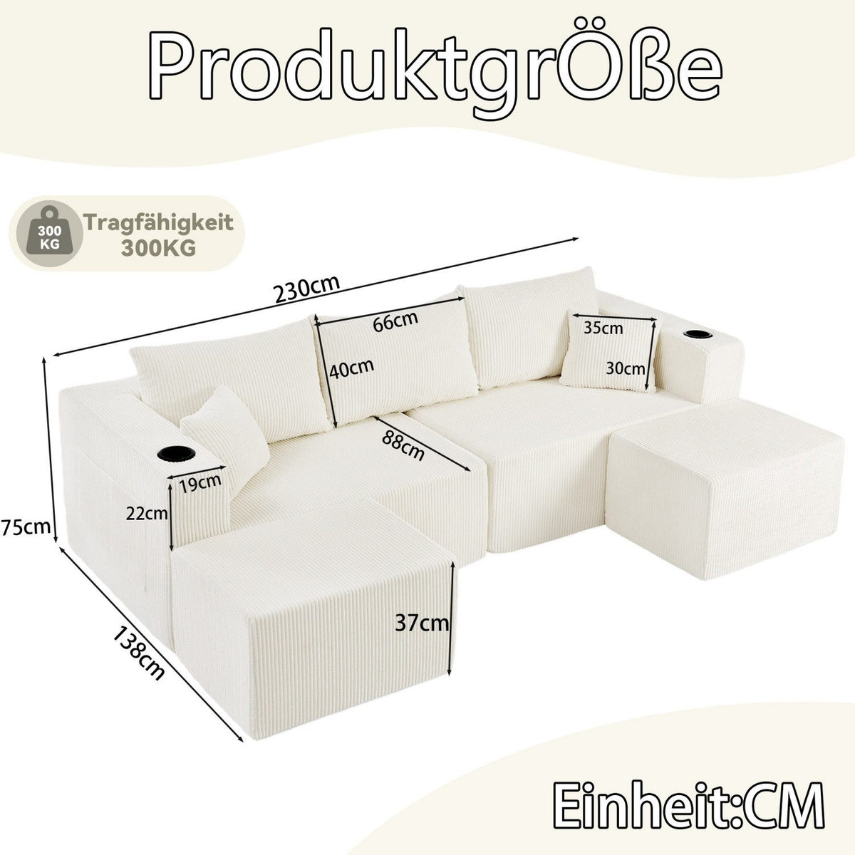 Seitentasche mit Stauraum am beigen Cord Ecksofa
