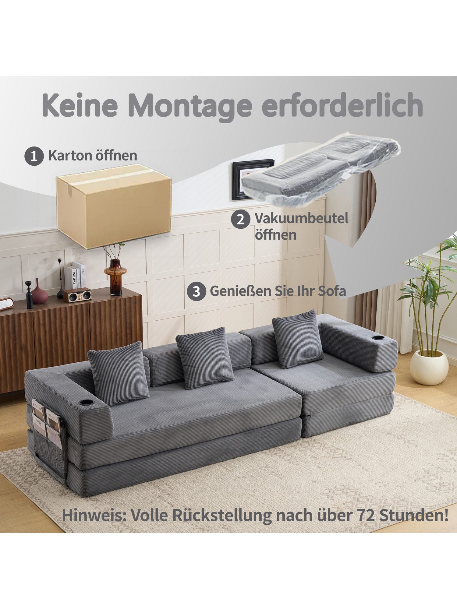 Detailaufnahme des dunkelgrauen Cordstoffs