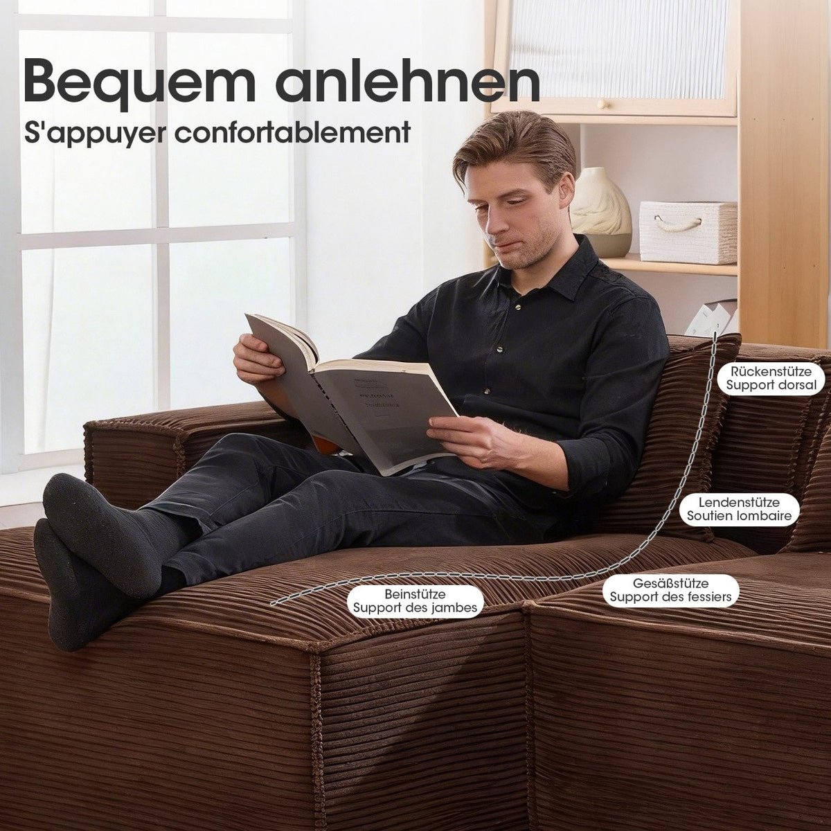 Module des braunen Cord Ecksofas einzeln dargestellt