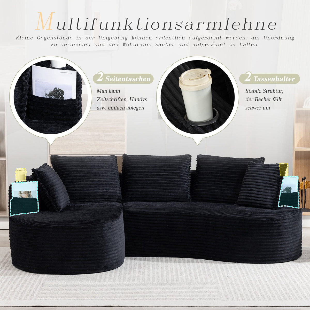 Cordstruktur des schwarzen Ecksofas in der Nahaufnahme