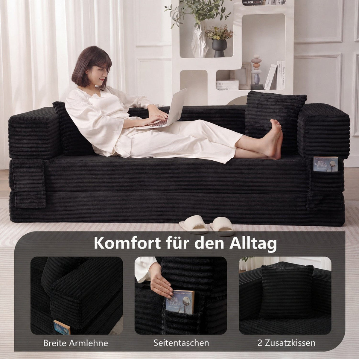 Cord Schlafsofa in Weiß als Liegefläche ausgeklappt