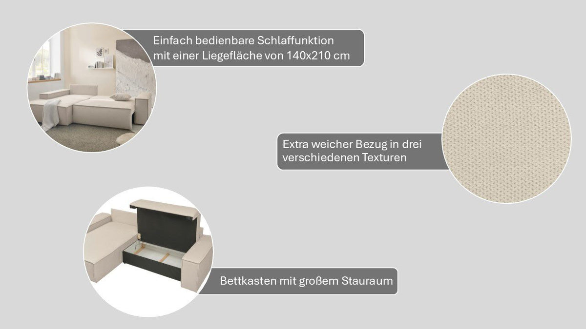 Cord Ecksofa FINNLEY in Hellbeige Ansicht 2