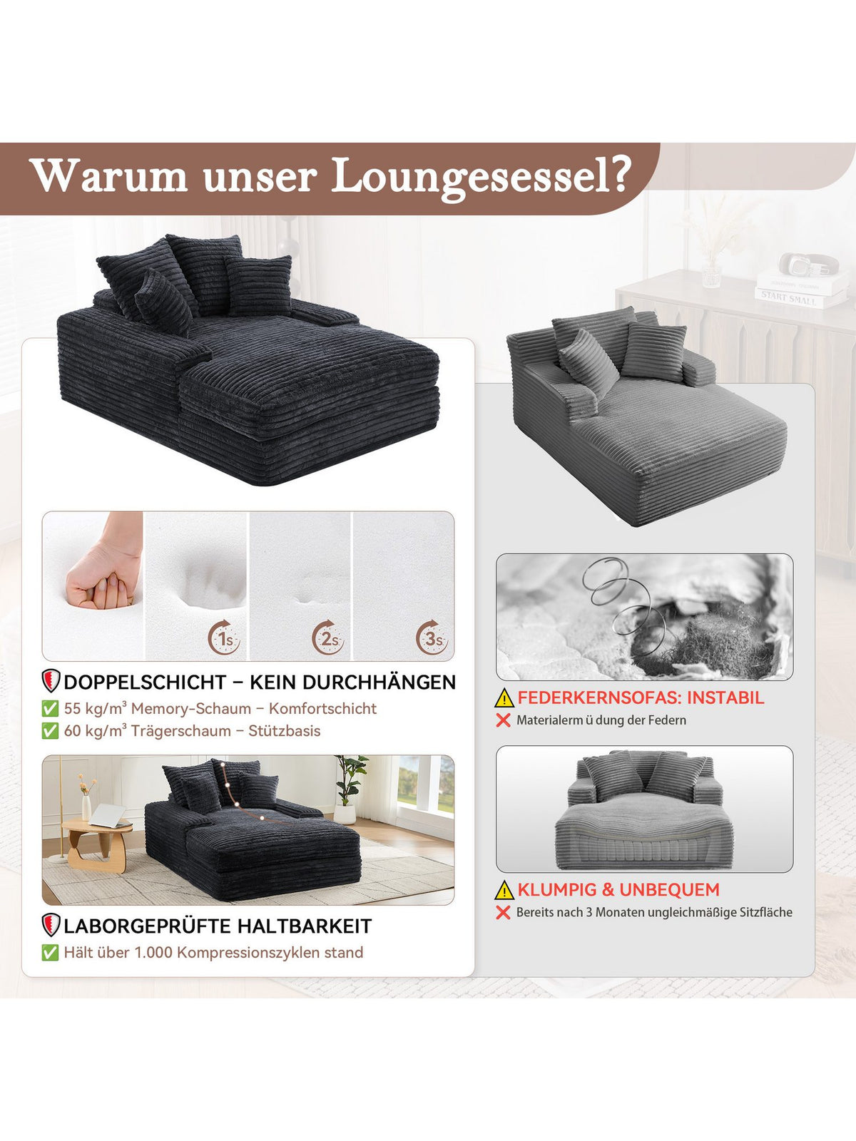 Cord Schlafsofa in Grau als Bett ausgelegt