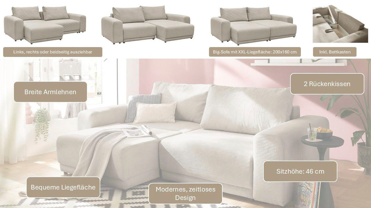 Schlafsofa PHEELIX Cord in Hellbraun von vorne