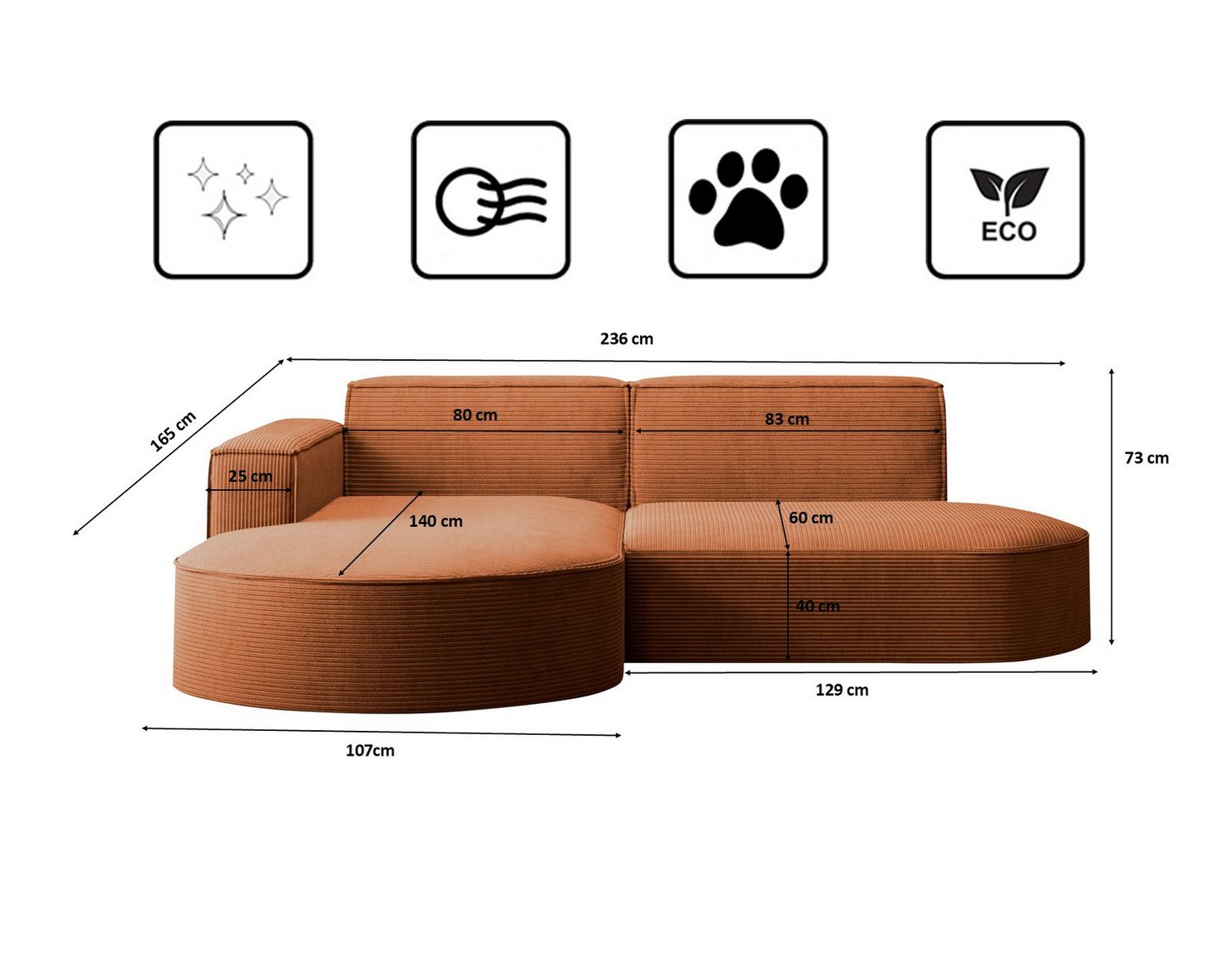 Cord Ecksofa MODENA STUDIO L Nahaufnahme des Cordstoffs Poso