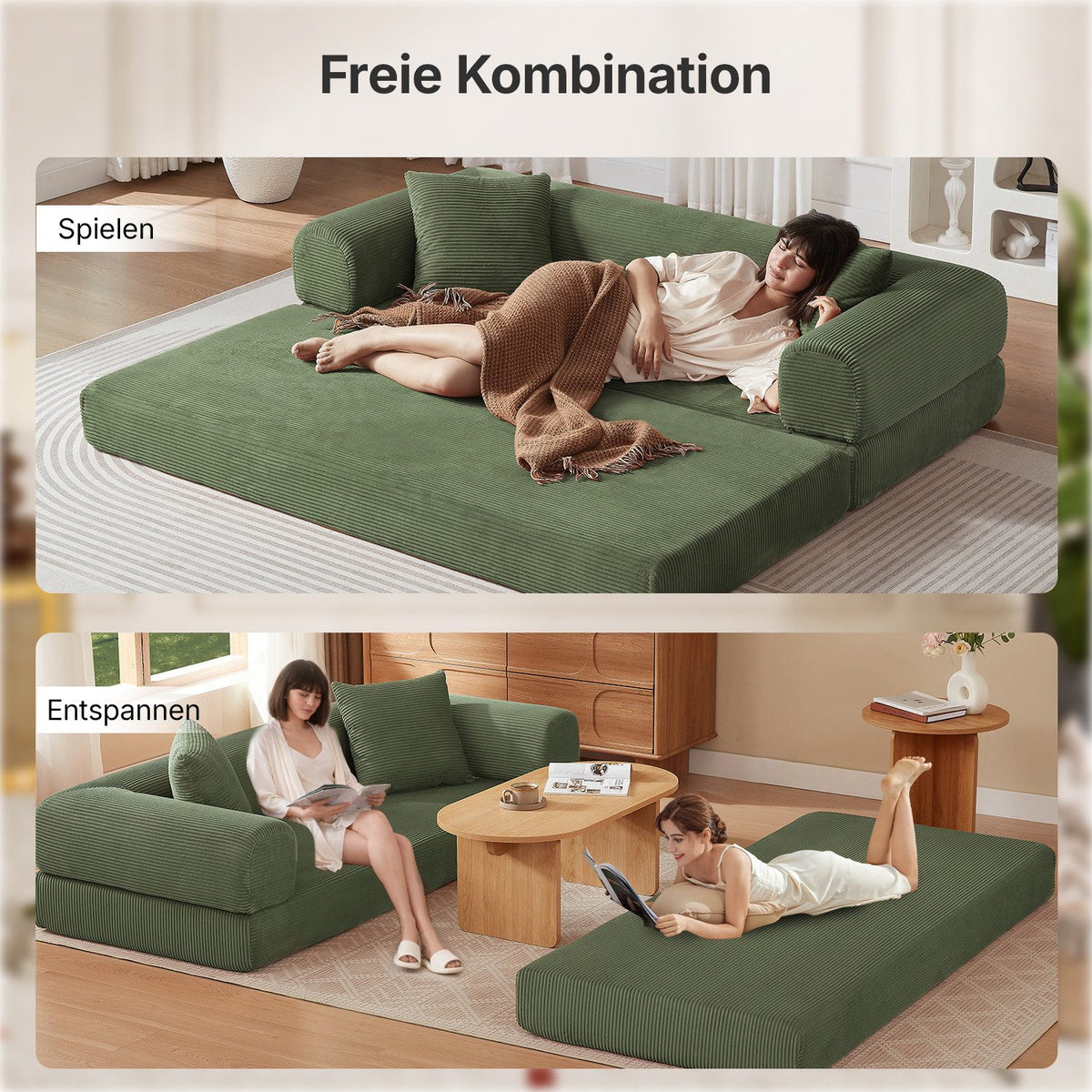 Cord Schlafsofa in Grün Seitenansicht