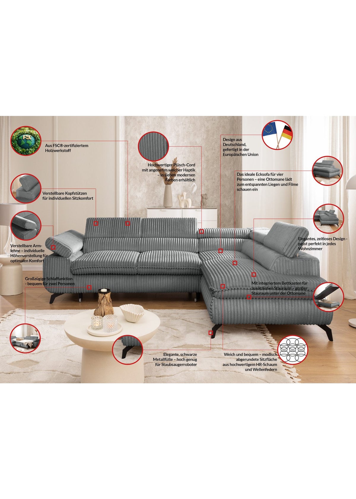 Bettkasten des Cord Ecksofas BONNIE geöffnet